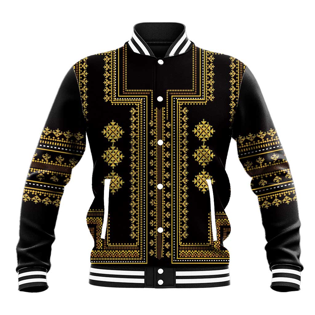Black baseball jacket with gold embroidered-style Balkan pattern and button front