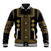 Black baseball jacket with gold embroidered-style Balkan pattern and button front
