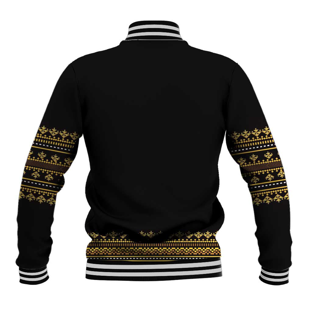 Black baseball jacket back with gold pattern bands and striped ribbed hem