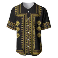 Black baseball jersey with gold geometric Balkan pattern, V-neck and snap buttons