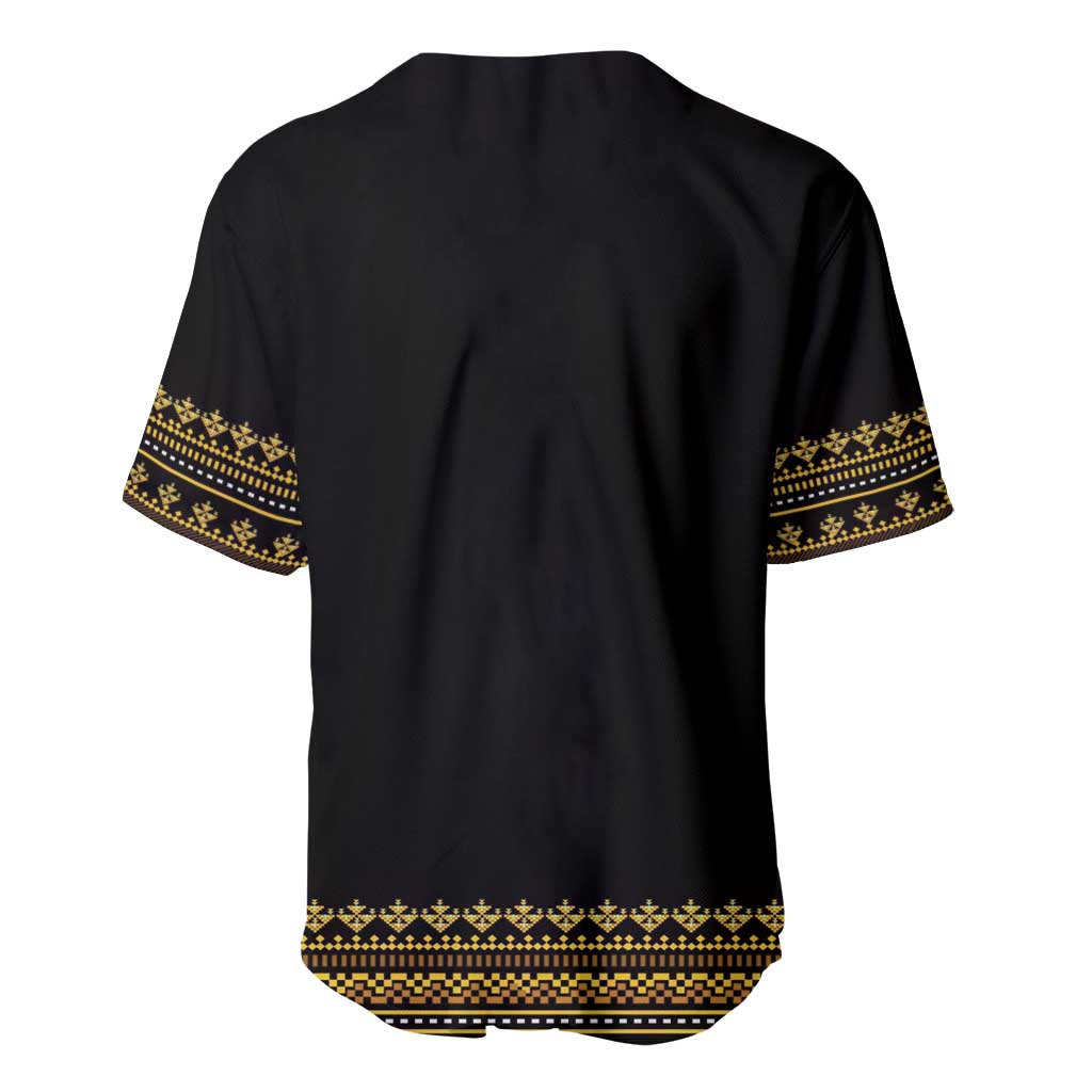 Black baseball jersey back with gold geometric trim across sleeves and hem
