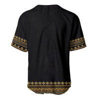 Black baseball jersey back with gold geometric trim across sleeves and hem
