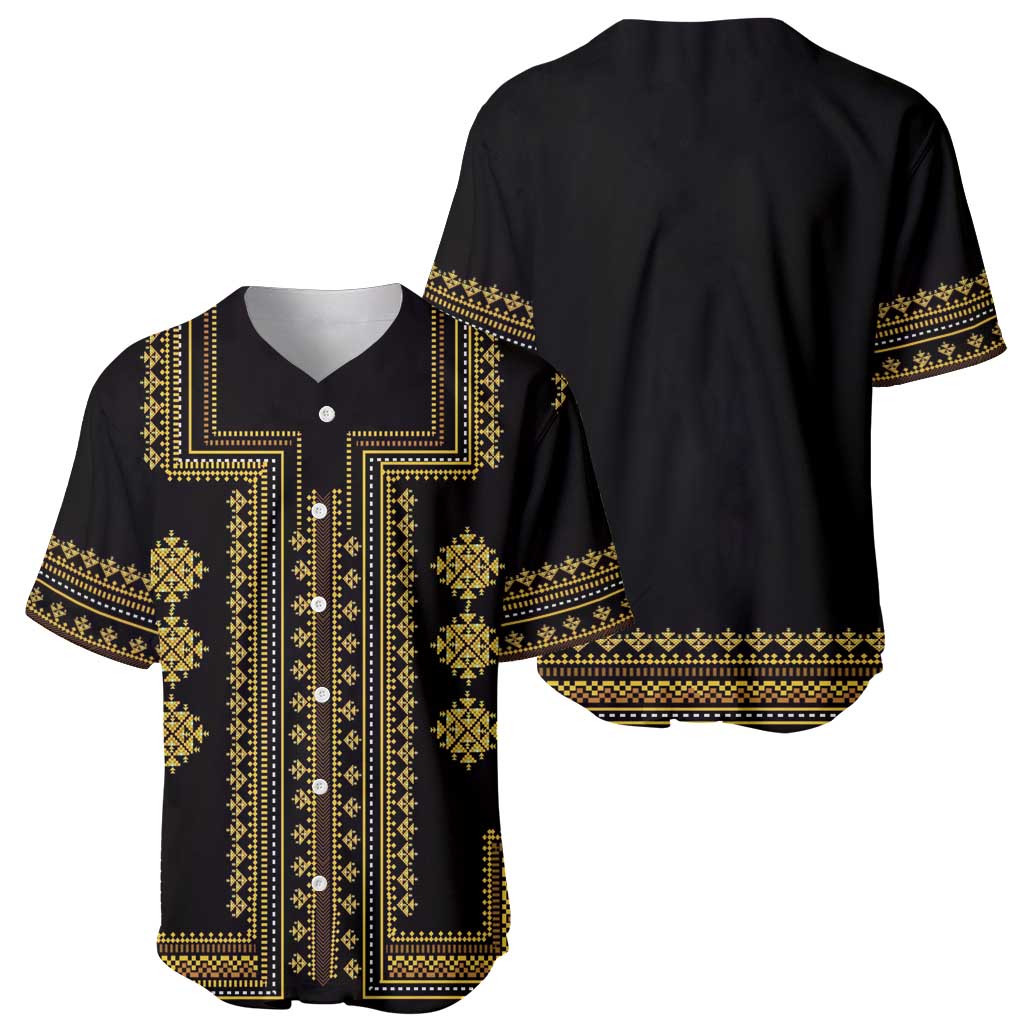 Black baseball jersey front with gold geometric pattern panel, V-neck snap buttons