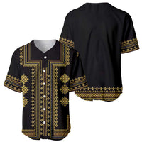 Black baseball jersey front with gold geometric pattern panel, V-neck snap buttons