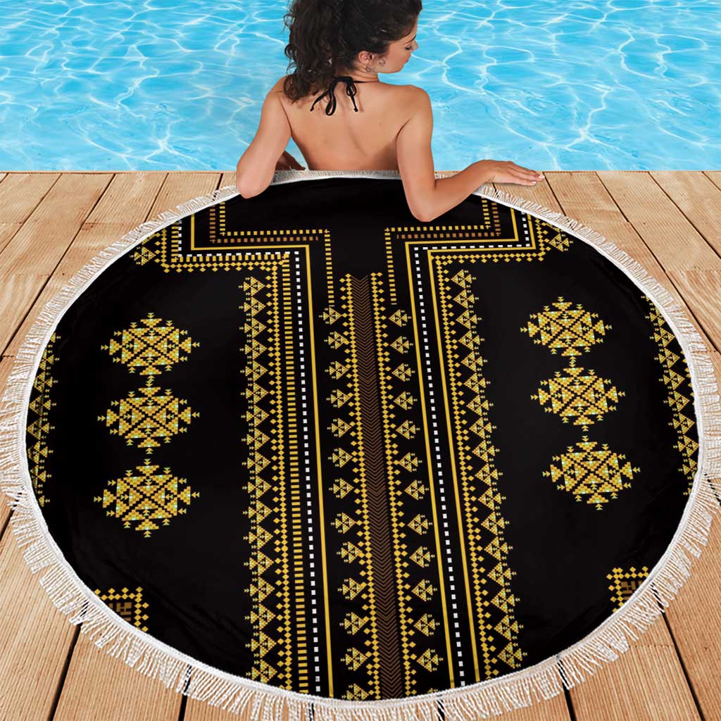Round beach blanket, black with gold geometric embroidery and white fringed border