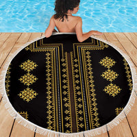 Round beach blanket, black with gold geometric embroidery and white fringed border