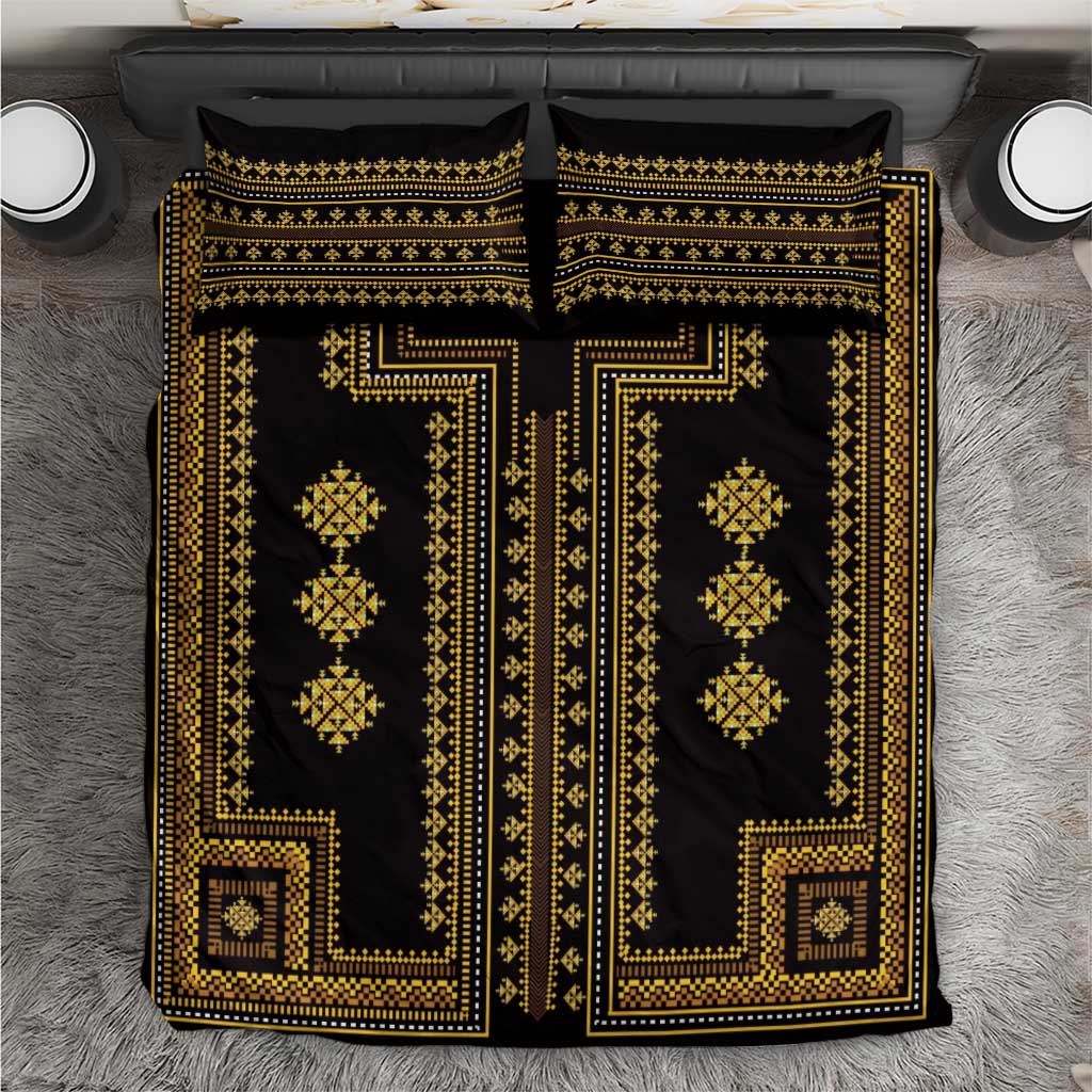 Black duvet cover with bold gold geometric frame pattern and two pillow shams