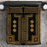 Black duvet cover with bold gold geometric frame pattern and two pillow shams