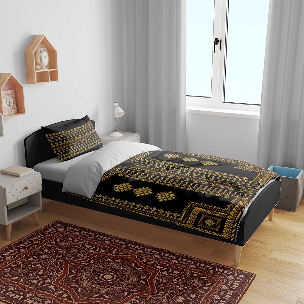 Black and gold geometric bedding set with duvet cover and two pillow shams