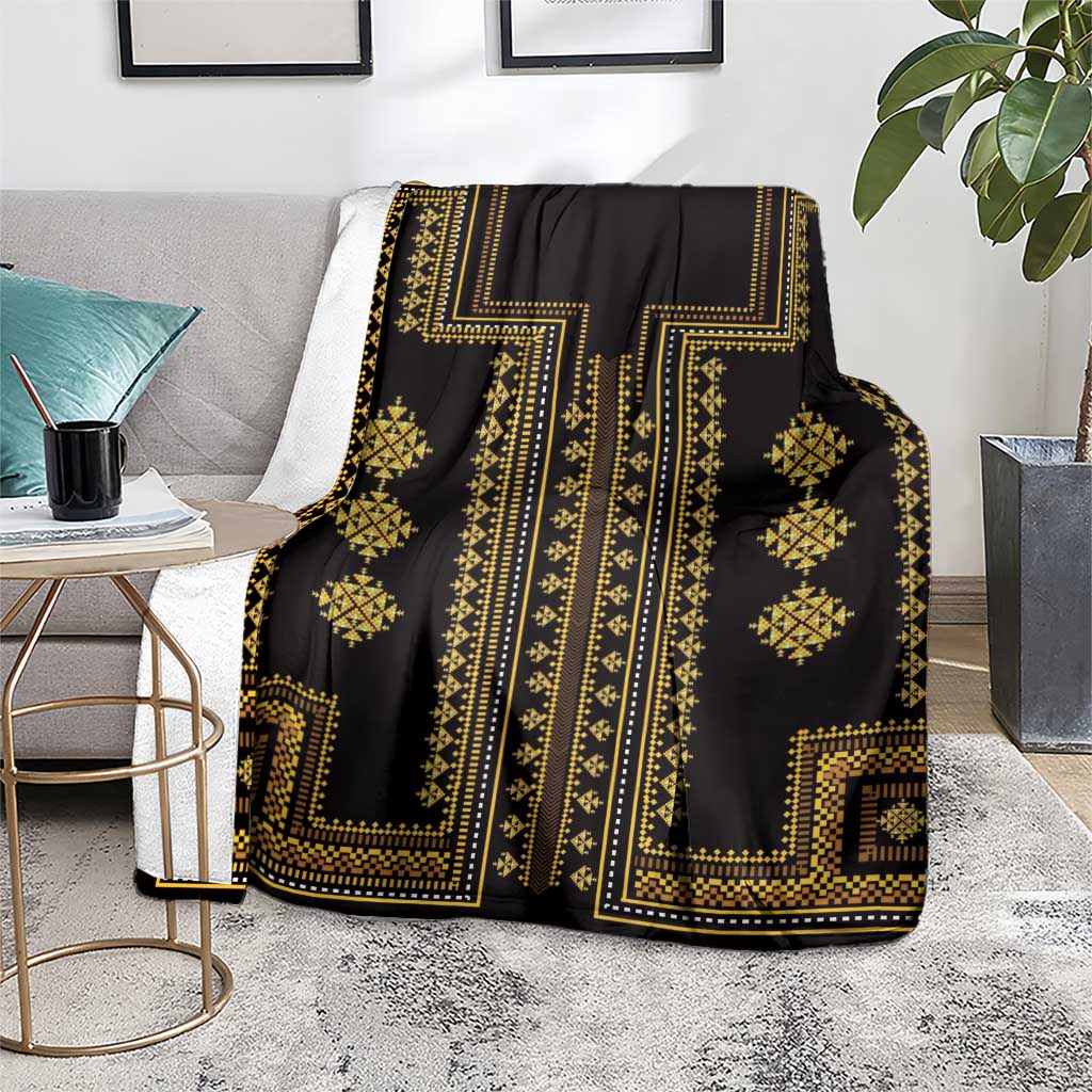 Dark decorative throw blanket with gold center cross and diamond medallions