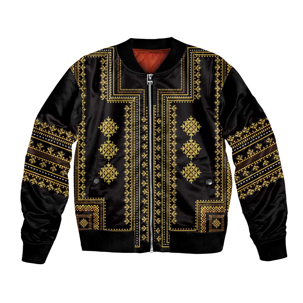Black bomber jacket with full front gold geometric embroidery, zip front and striped sleeves