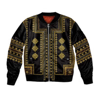 Black bomber jacket with full front gold geometric embroidery, zip front and striped sleeves