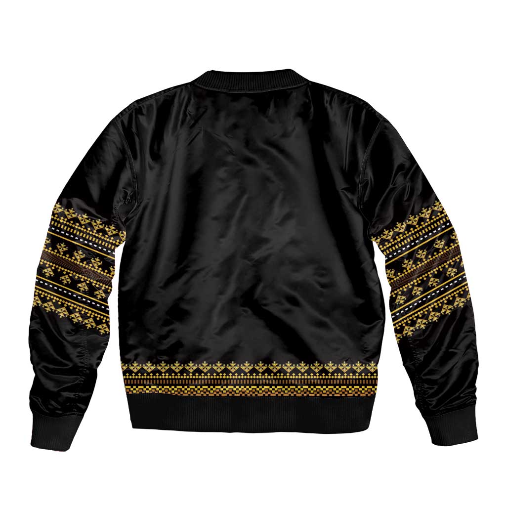 Black satin bomber jacket with gold geometric trim at cuffs, hem, and sleeves