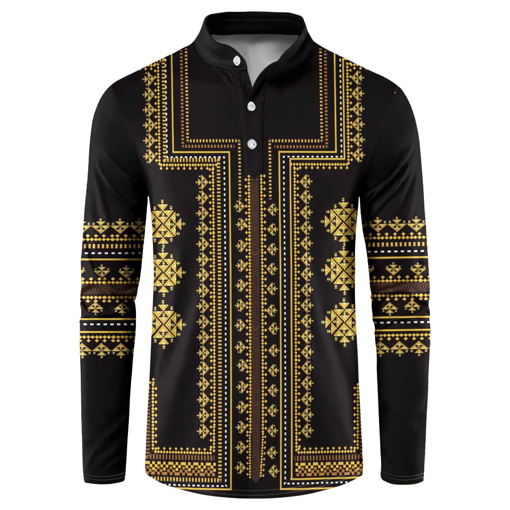 Black henley sweatshirt with gold geometric traditional pattern, long sleeves, button placket