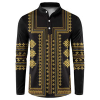 Black henley sweatshirt with gold geometric traditional pattern, long sleeves, button placket