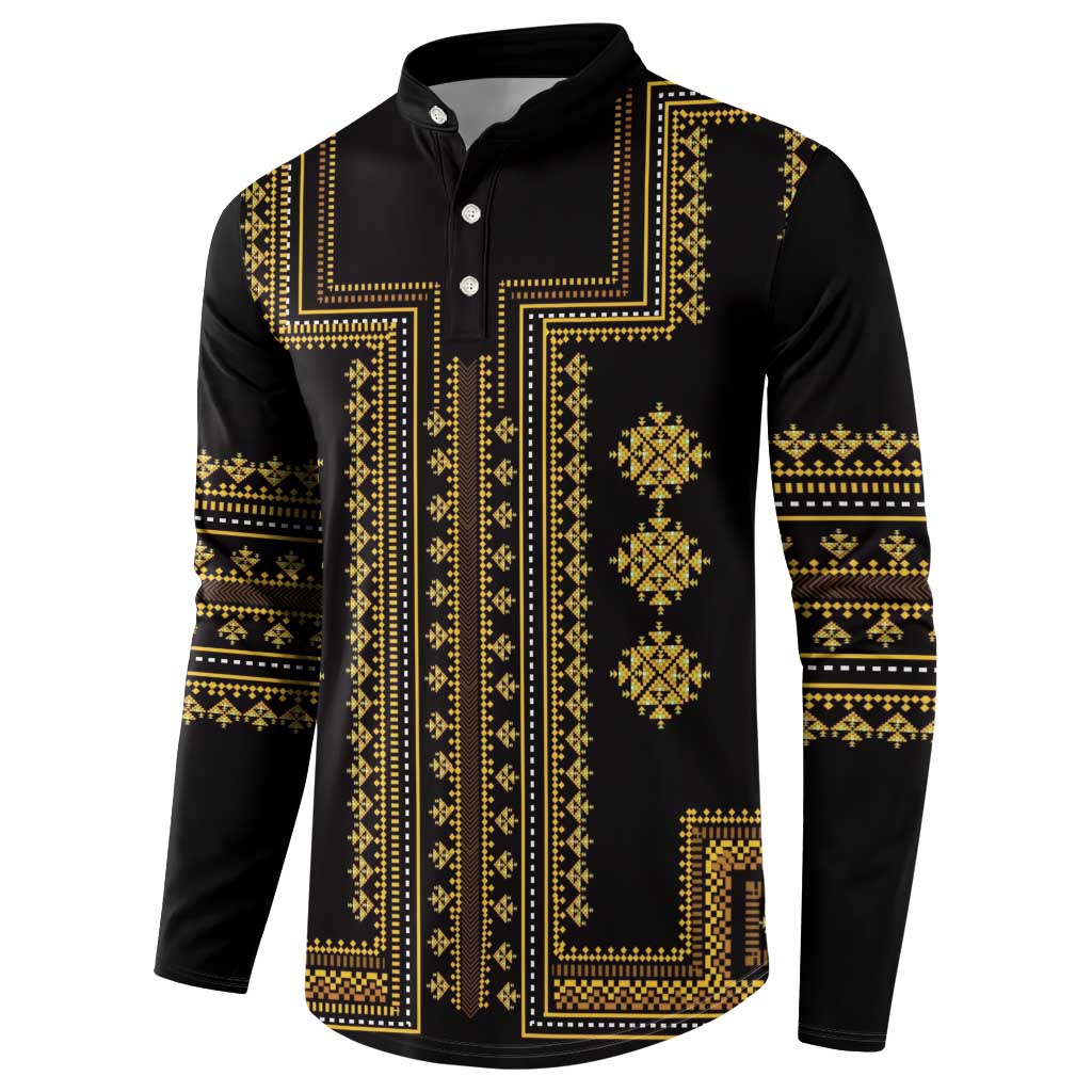 Black long-sleeve henley sweatshirt with gold geometric panel print and decorative cuffs