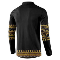 Black back view henley sweatshirt with gold geometric bands on sleeves and hem