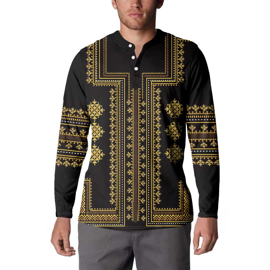 Black henley sweatshirt with gold traditional geometric design across chest and sleeves