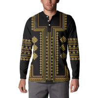 Black henley sweatshirt with gold traditional geometric design across chest and sleeves