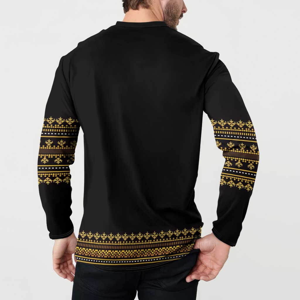Black henley sweatshirt back with gold geometric sleeve stripes and gold hem band