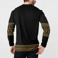 Black henley sweatshirt back with gold geometric sleeve stripes and gold hem band