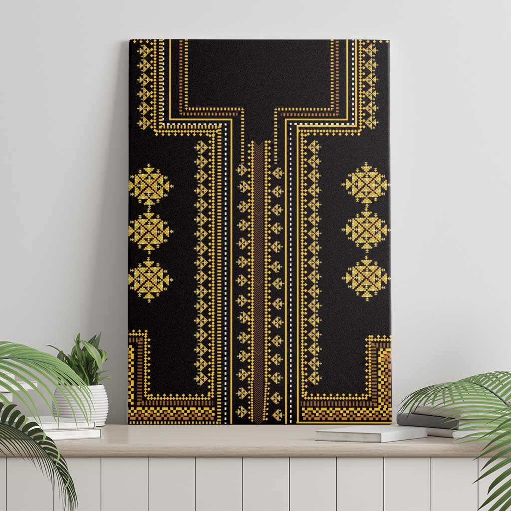 Black canvas wall art with gold geometric Balkan pattern, stretched surface