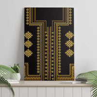 Black canvas wall art with gold geometric Balkan pattern, stretched surface