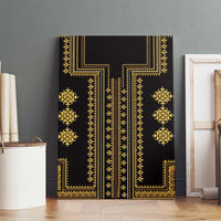 Black canvas wall art with gold geometric Balkan design, standing against dark wall