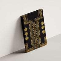 Black canvas wall art with gold Bulgarian-style geometric pattern, leaning view