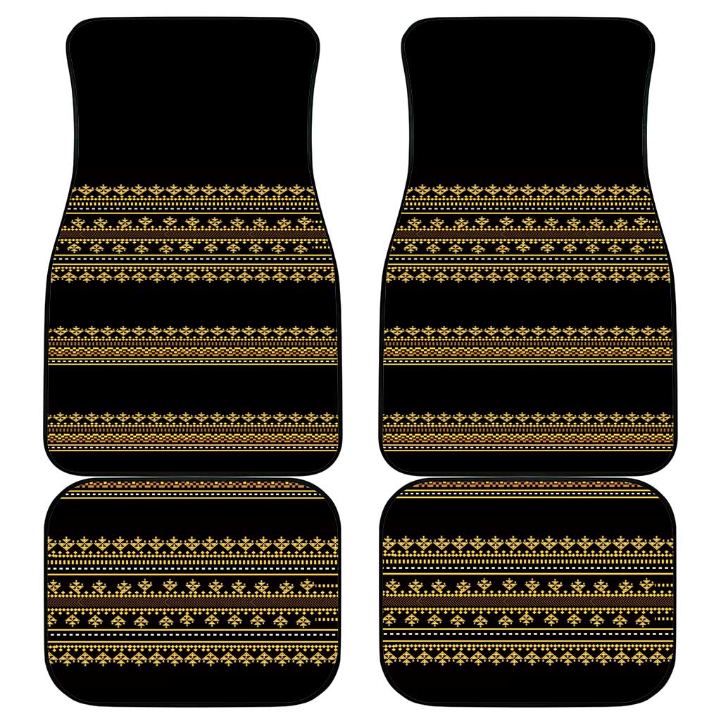 Car floor mat set of 4 with black base and gold traditional stripe pattern