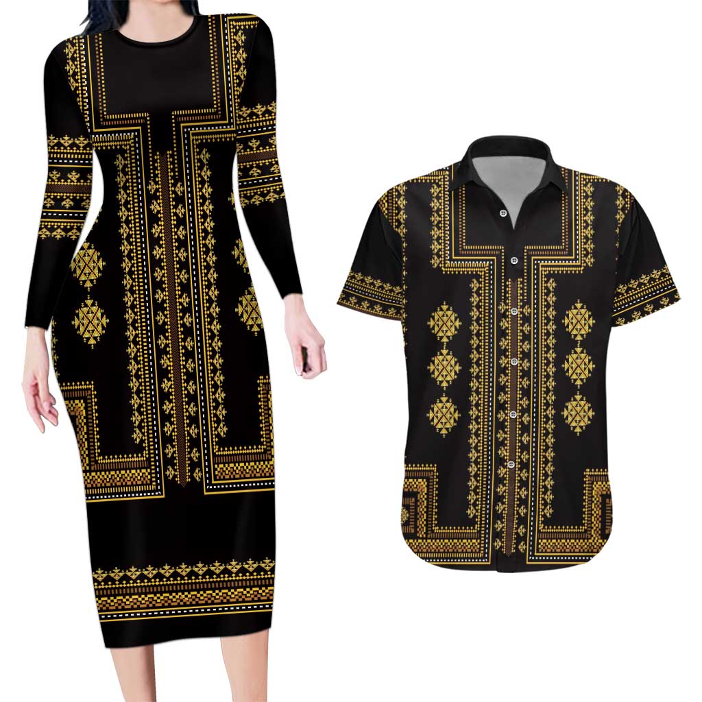 Bulgaria Traditional Pattern Gold Couples Matching Long Sleeve Bodycon Dress and Hawaiian Shirt Balkan Culture - Wonder Print Shop