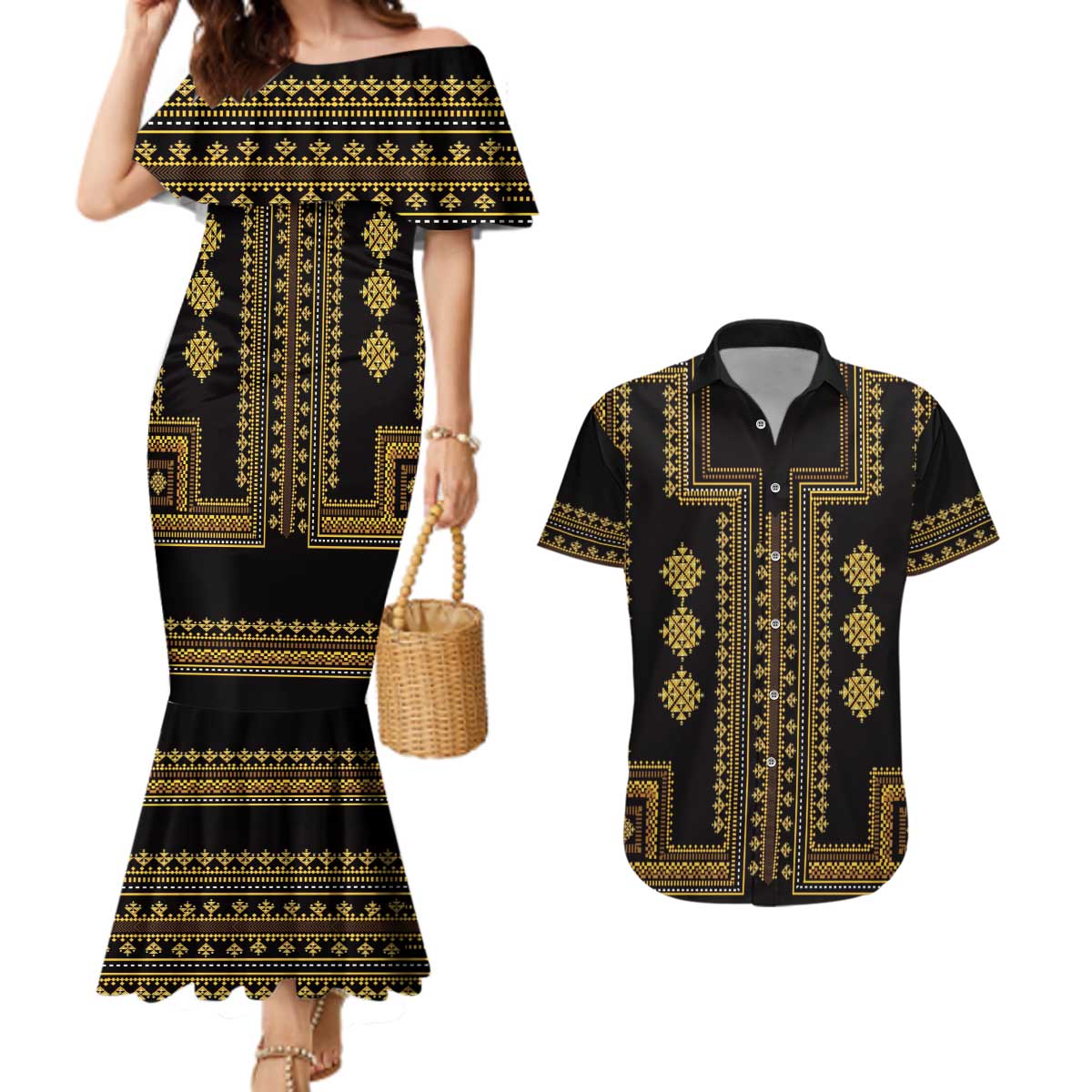 Bulgaria Traditional Pattern Gold Couples Matching Mermaid Dress and Hawaiian Shirt Balkan Culture - Wonder Print Shop