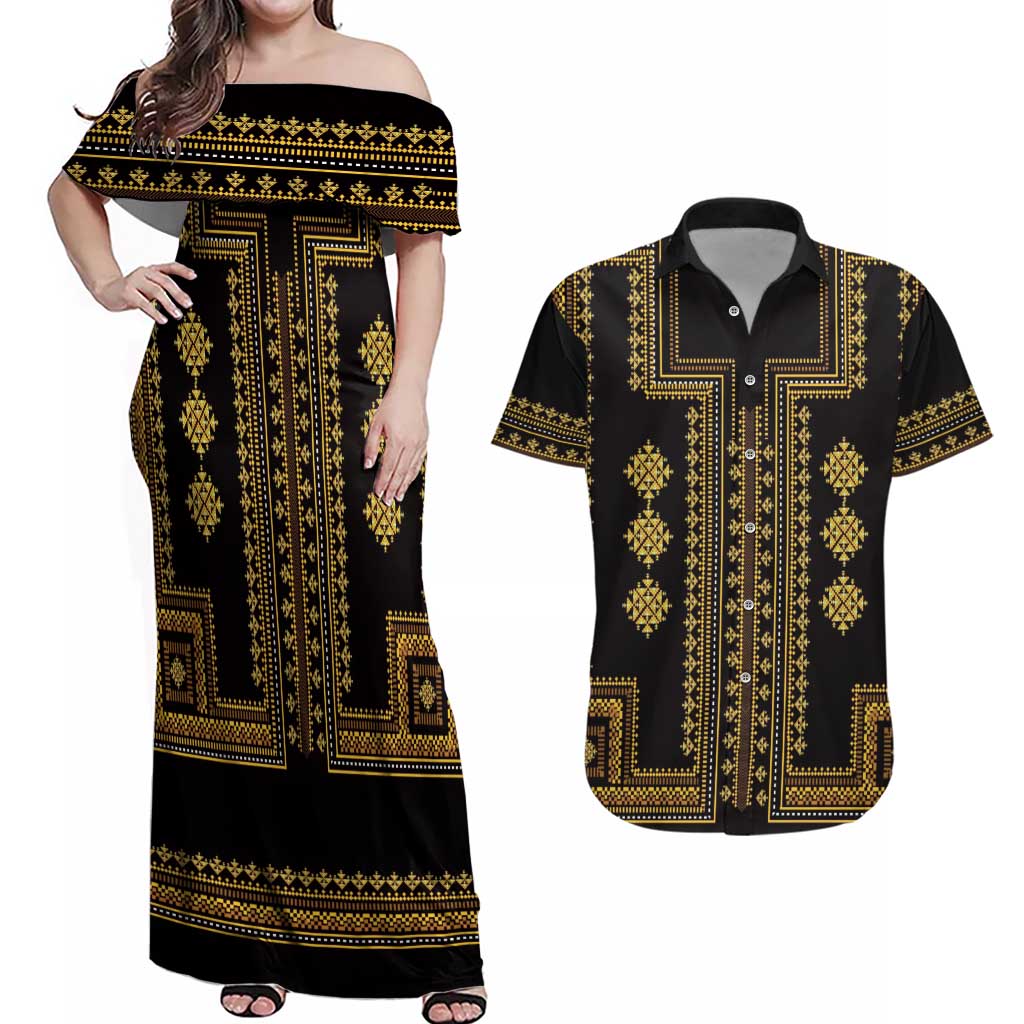 Bulgaria Traditional Pattern Gold Couples Matching Off Shoulder Maxi Dress and Hawaiian Shirt Balkan Culture - Wonder Print Shop