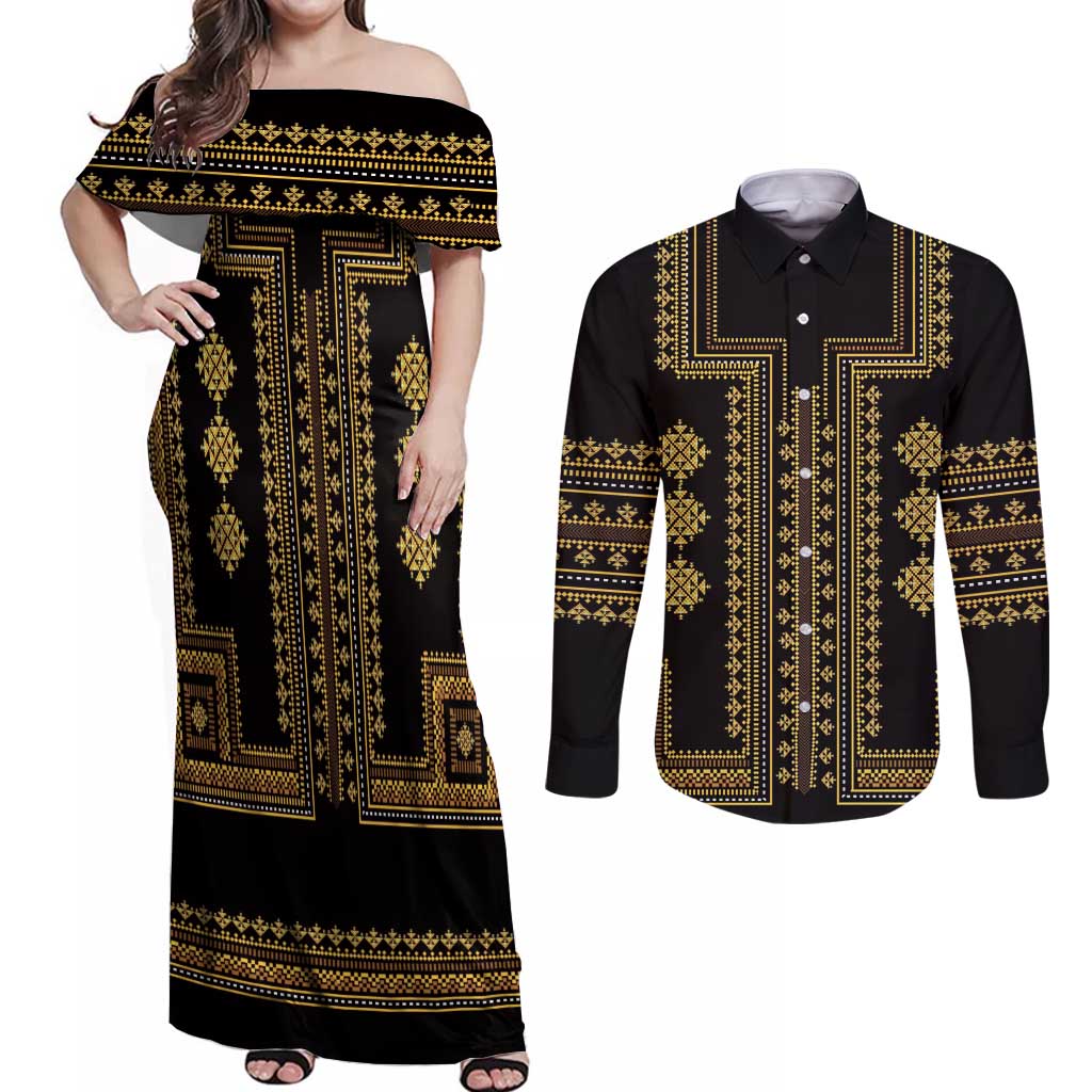 Bulgaria Traditional Pattern Gold Couples Matching Off Shoulder Maxi Dress and Long Sleeve Button Shirt Balkan Culture - Wonder Print Shop