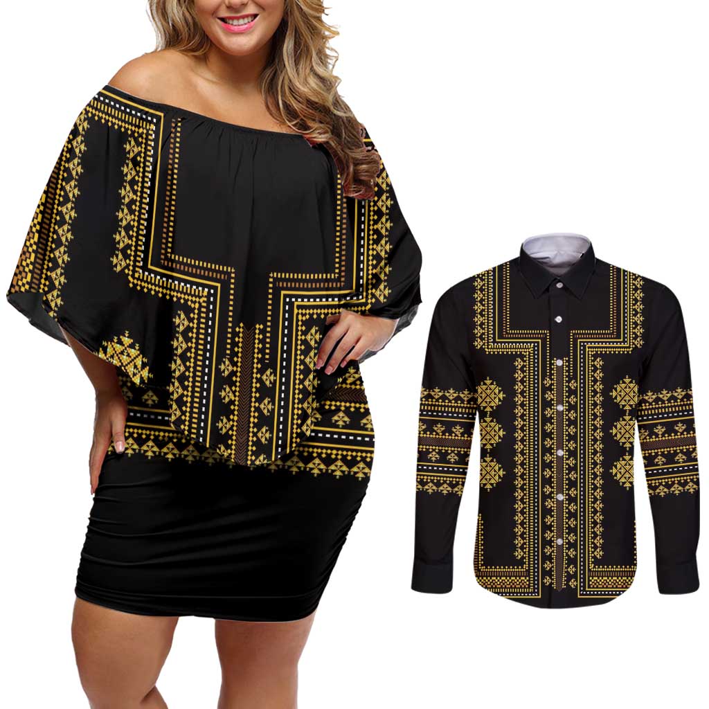 Bulgaria Traditional Pattern Gold Couples Matching Off Shoulder Short Dress and Long Sleeve Button Shirt Balkan Culture - Wonder Print Shop