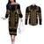 Bulgaria Traditional Pattern Gold Couples Matching Off The Shoulder Long Sleeve Dress and Long Sleeve Button Shirt Balkan Culture