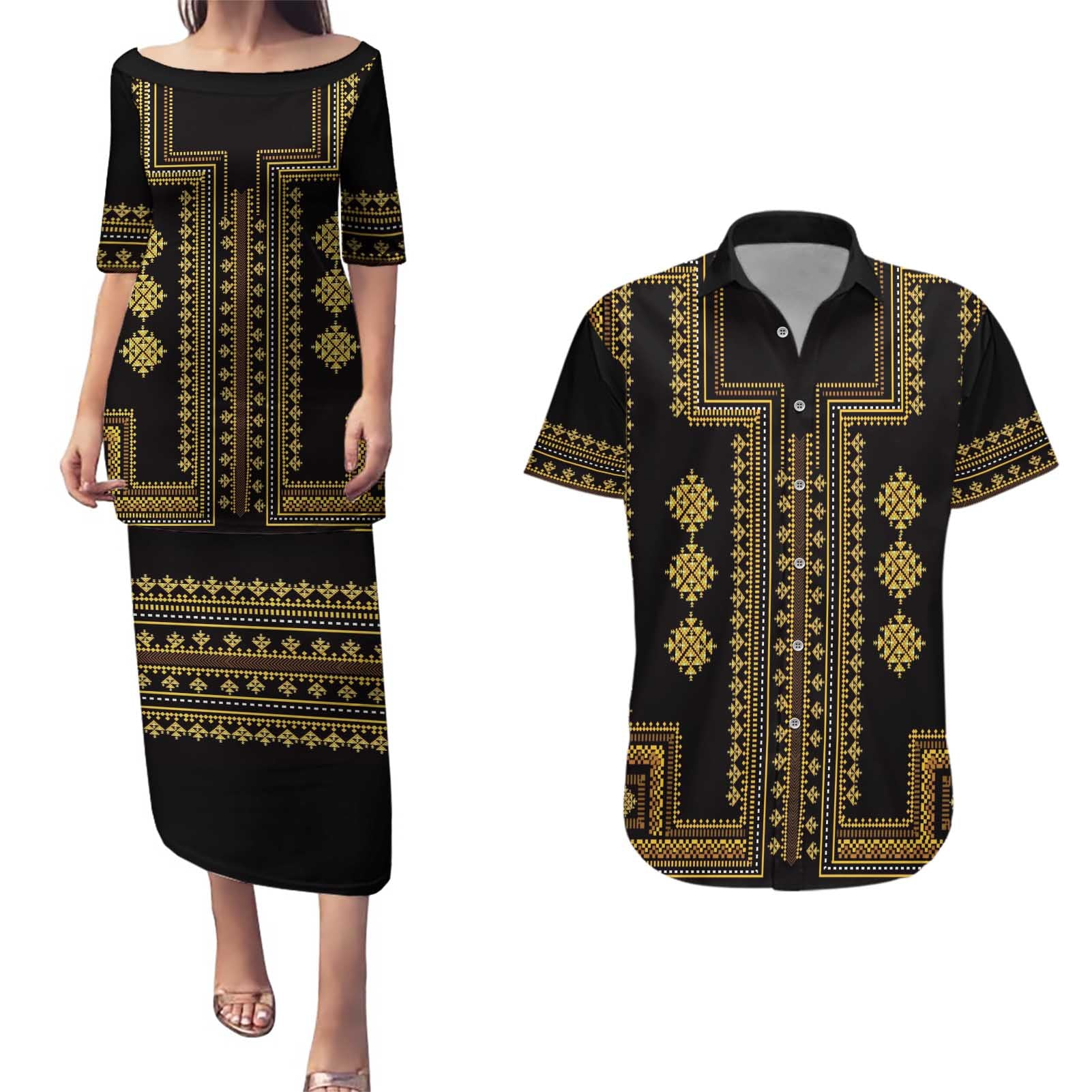 Bulgaria Traditional Pattern Gold Couples Matching Puletasi and Hawaiian Shirt Balkan Culture - Wonder Print Shop