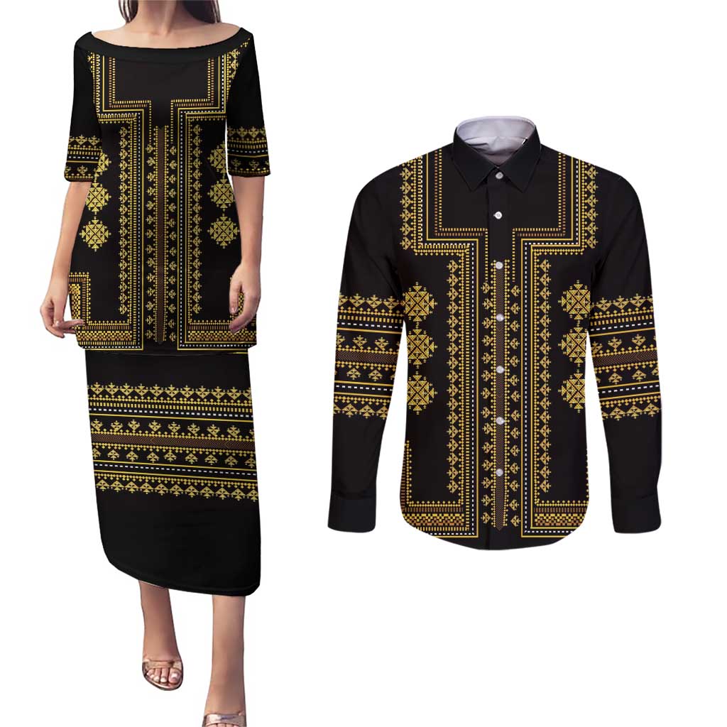 Bulgaria Traditional Pattern Gold Couples Matching Puletasi and Long Sleeve Button Shirt Balkan Culture - Wonder Print Shop