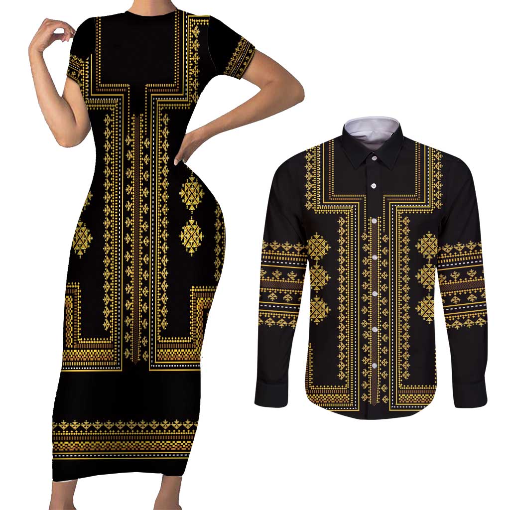 Bulgaria Traditional Pattern Gold Couples Matching Short Sleeve Bodycon Dress and Long Sleeve Button Shirt Balkan Culture - Wonder Print Shop