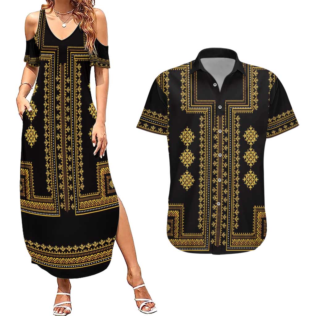 Bulgaria Traditional Pattern Gold Couples Matching Summer Maxi Dress and Hawaiian Shirt Balkan Culture - Wonder Print Shop