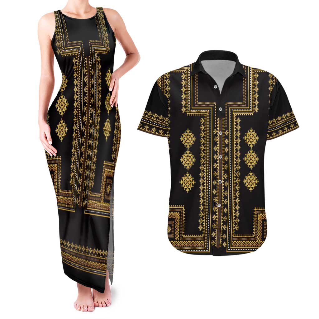 Bulgaria Traditional Pattern Gold Couples Matching Tank Maxi Dress and Hawaiian Shirt Balkan Culture - Wonder Print Shop