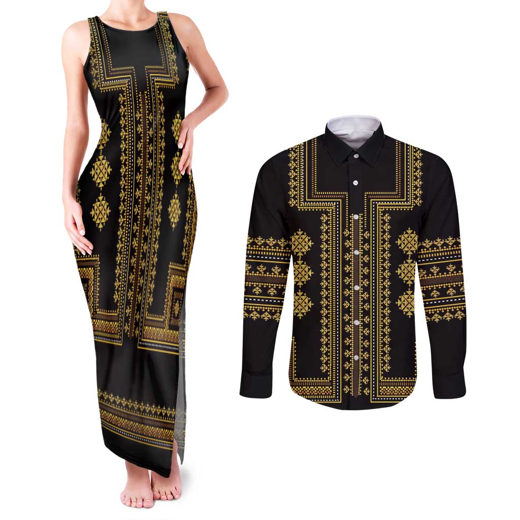 Bulgaria Traditional Pattern Gold Couples Matching Tank Maxi Dress and Long Sleeve Button Shirt Balkan Culture - Wonder Print Shop