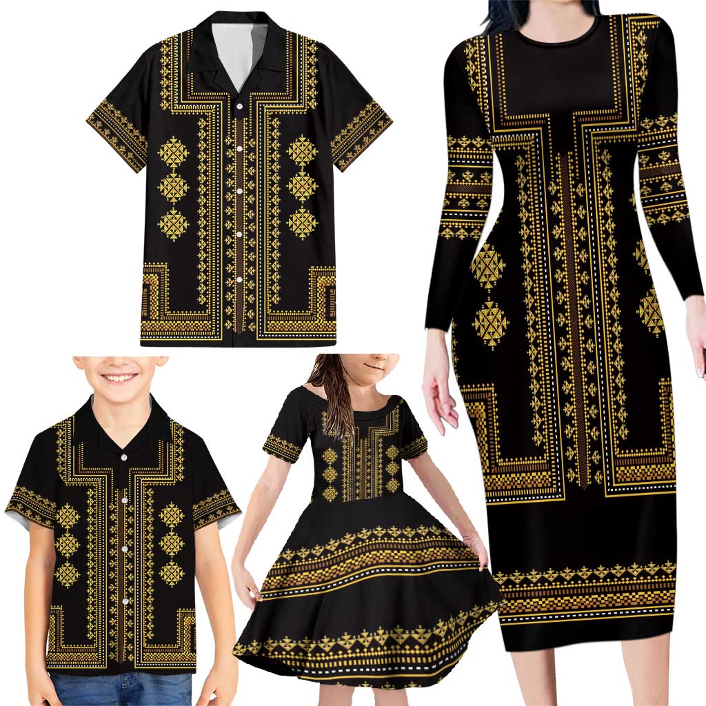 Bulgaria Traditional Pattern Gold Family Matching Long Sleeve Bodycon Dress and Hawaiian Shirt Balkan Culture - Wonder Print Shop