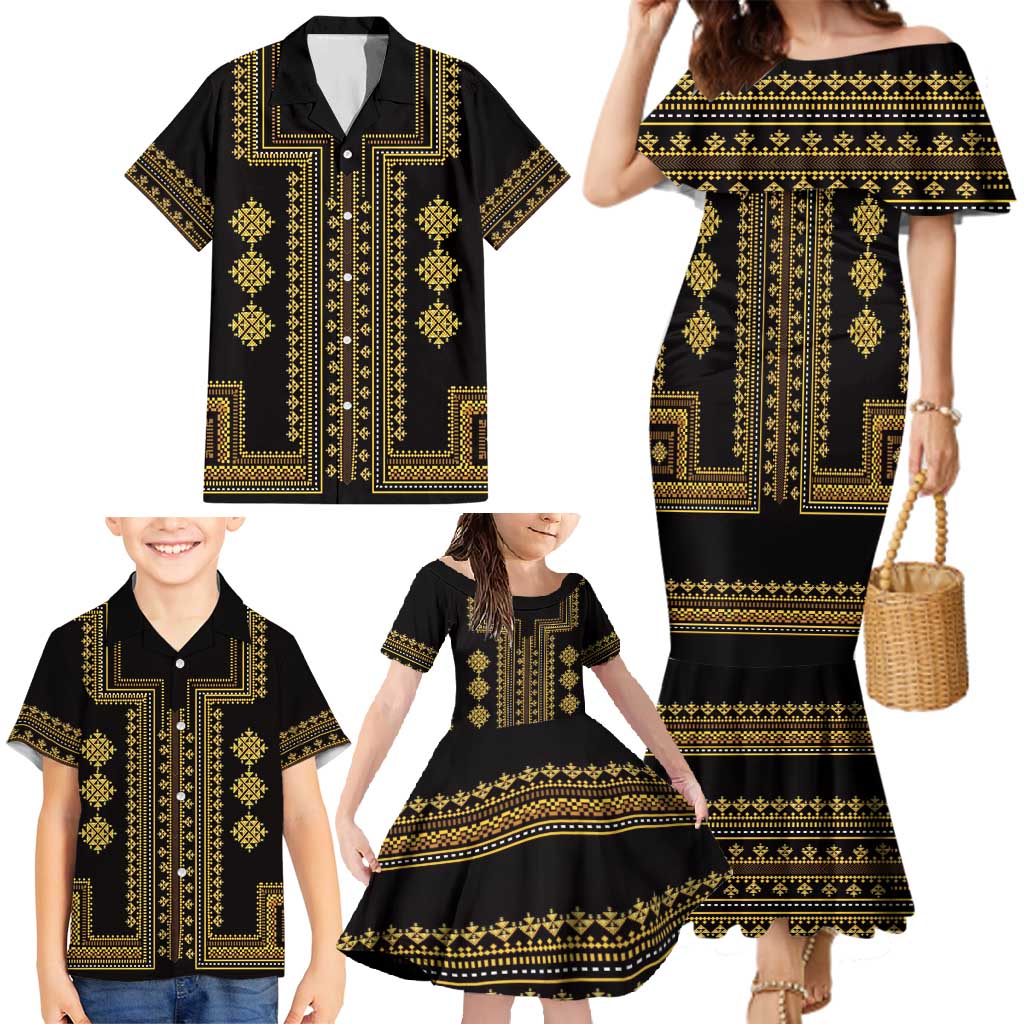 Bulgaria Traditional Pattern Gold Family Matching Mermaid Dress and Hawaiian Shirt Balkan Culture - Wonder Print Shop