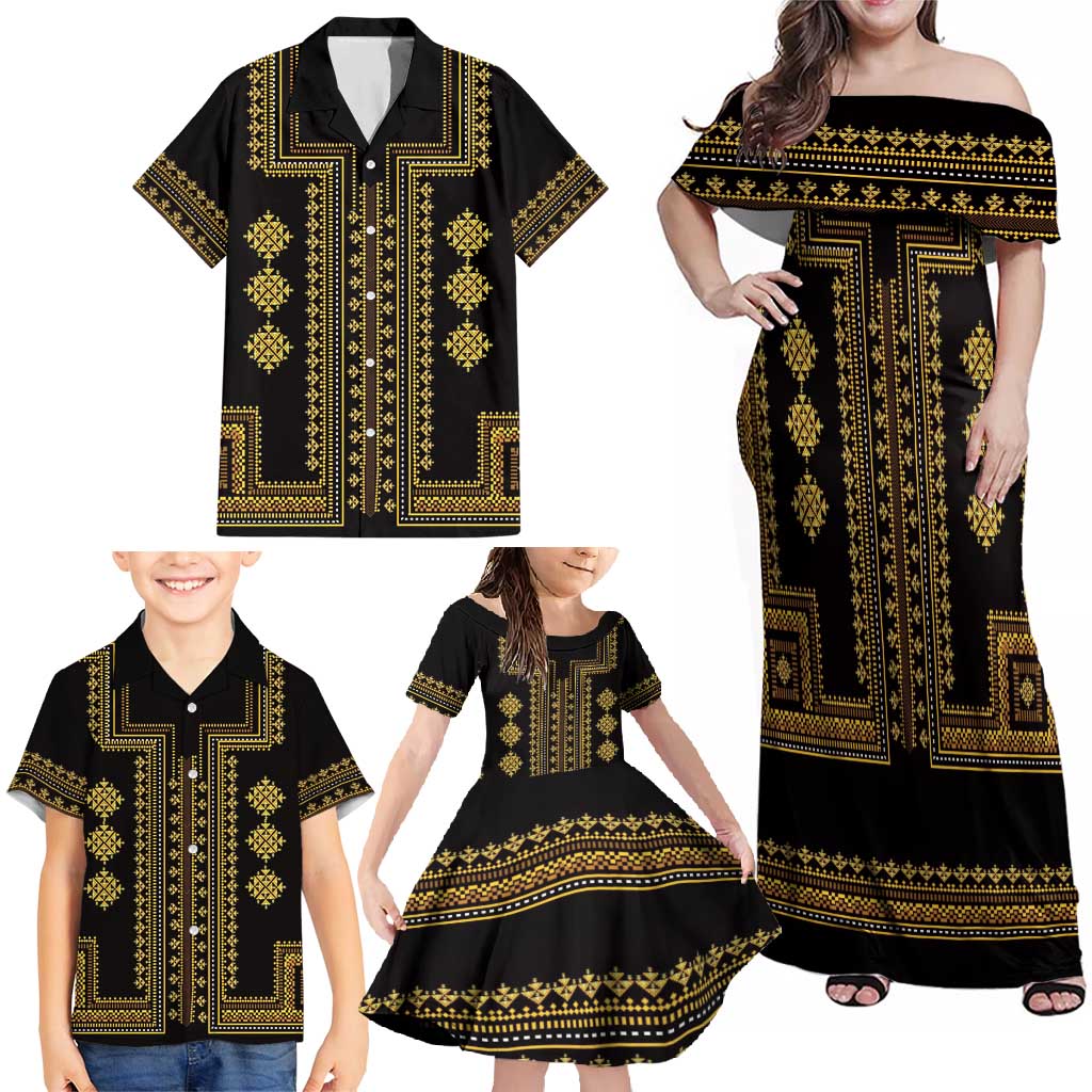 Bulgaria Traditional Pattern Gold Family Matching Off Shoulder Maxi Dress and Hawaiian Shirt Balkan Culture - Wonder Print Shop