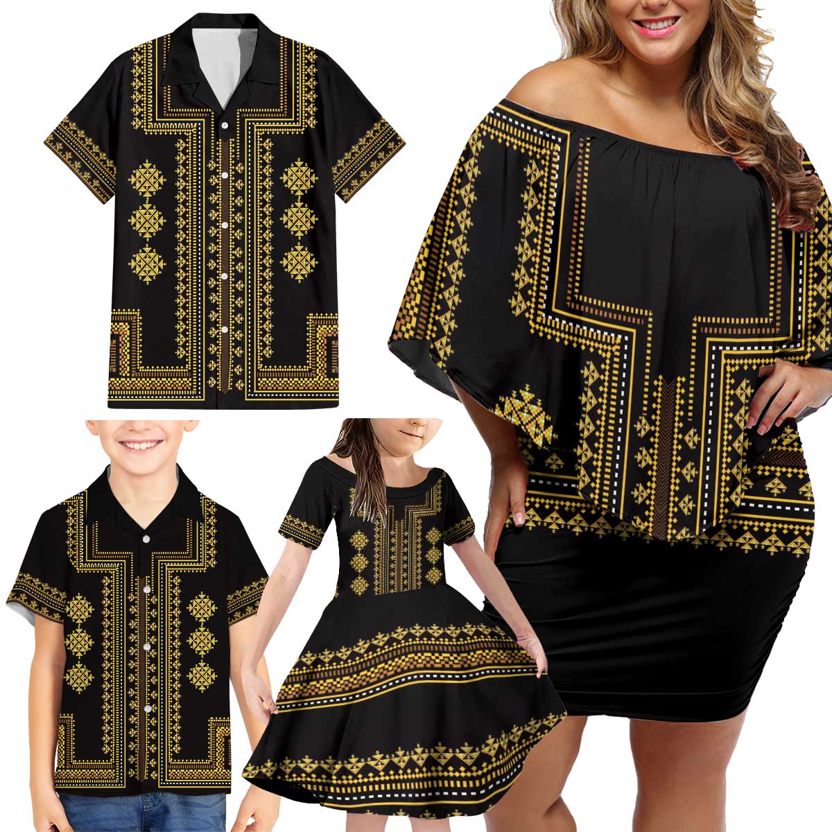 Bulgaria Traditional Pattern Gold Family Matching Off Shoulder Short Dress and Hawaiian Shirt Balkan Culture - Wonder Print Shop