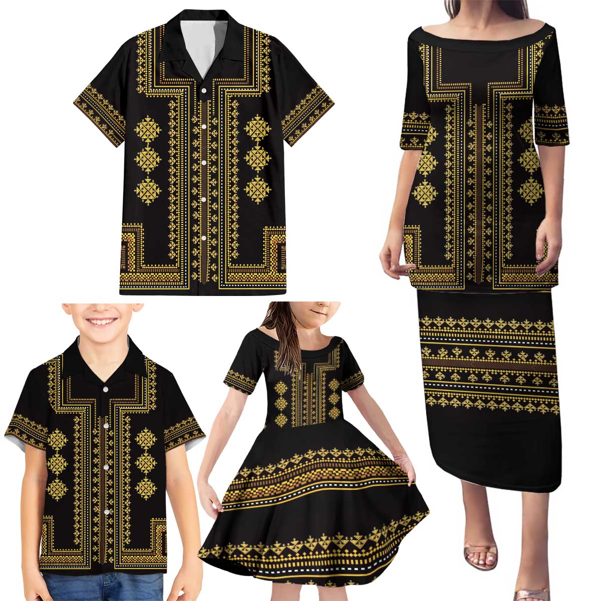 Bulgaria Traditional Pattern Gold Family Matching Puletasi and Hawaiian Shirt Balkan Culture - Wonder Print Shop