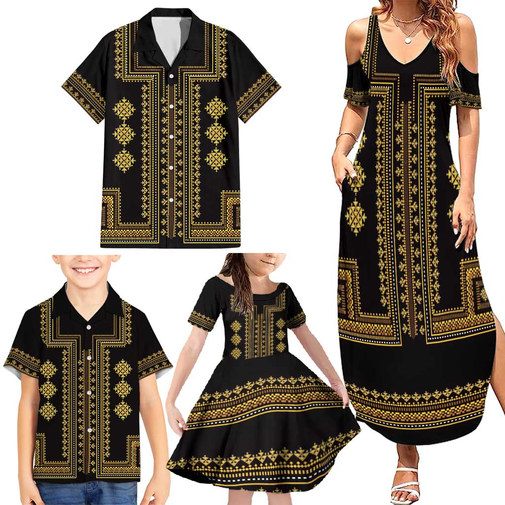 Bulgaria Traditional Pattern Gold Family Matching Summer Maxi Dress and Hawaiian Shirt Balkan Culture - Wonder Print Shop