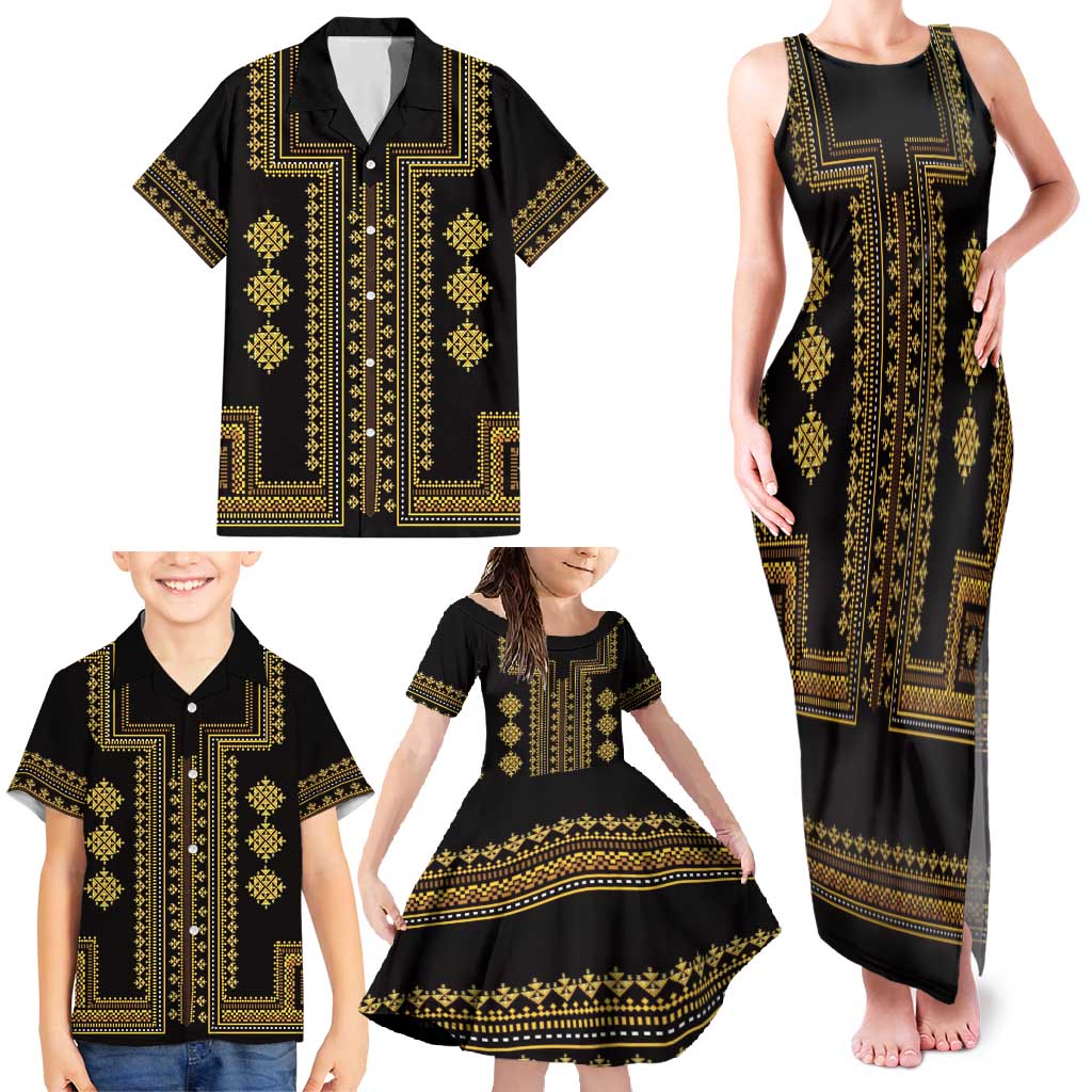 Bulgaria Traditional Pattern Gold Family Matching Tank Maxi Dress and Hawaiian Shirt Balkan Culture - Wonder Print Shop