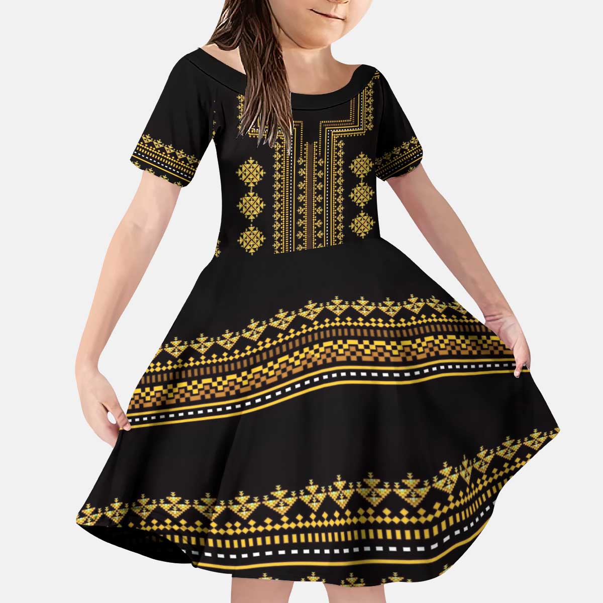 Bulgaria Traditional Pattern Gold Kid Short Sleeve Dress Balkan Culture - Wonder Print Shop